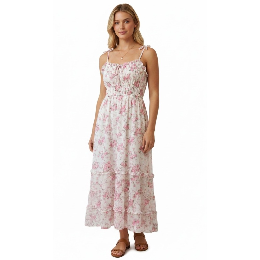 Lily Morgan Pink Floral Smocked Tiered Maxi Dress Large‎ Cottagecore White Rose
